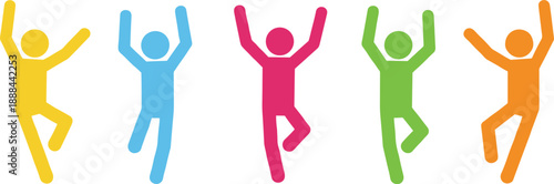 Colorful stick figure set of happy people jumping and dancing in celebration for community and diversity concepts.