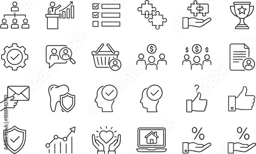 Business management and customer service icons set featuring analytics security finance trust growth line vector symbols professional interface