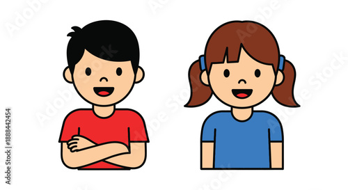 Simple cartoon illustration of a boy and a girl smiling at the viewer