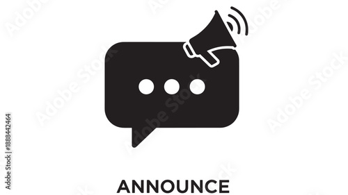 Black megaphone icon on speech bubble with three dots, signifying announcement or alert, isolated on a white background, flat design graphic.
