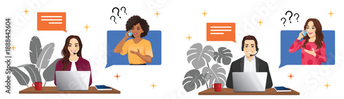Set of two vector illustrations. Customer care service. Man and woman wearing headset talking to women on the phone, call center or hotline support concept. Vector illustration isolated