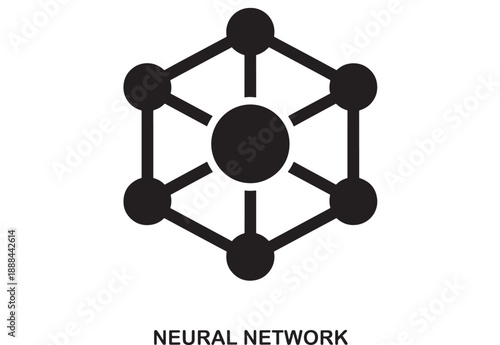 Abstract black flat design icon representing a neural network with interconnected nodes and lines on a white background, symbolizing AI and technology