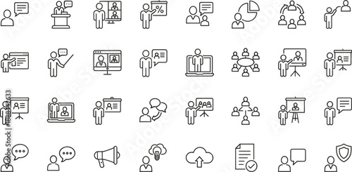 Business presentation meeting and communication icons set featuring teamwork analytics reporting training outline vector symbols professional corporate ui
