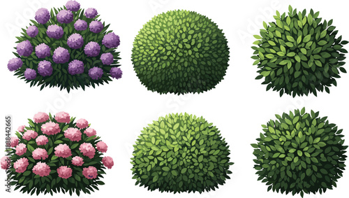 Set of architectural landscape design symbols with top view green trees and bushes, blooming garden shrubs, and wildflower grass borders for professional site planning and mapping.