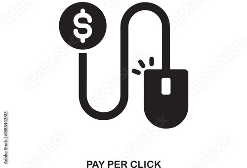 Flat black icon representing pay per click advertising model with a dollar sign and computer mouse, symbolizing online marketing strategy.