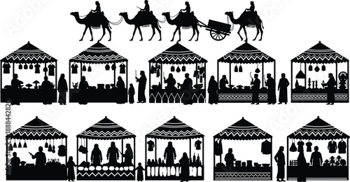 Collection of Arab Market Stall Silhouettes, Middle Eastern Bazaar Scenes with Merchants, Customers, and Camel Caravan, Oriental Trade and Culture Graphic Design Vector