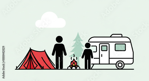 Two people camping with a tent and caravan by a campfire.