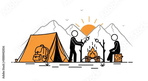 Two people camping by a tent roasting marshmallows over a campfire with mountains in the background.