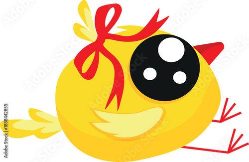 icon of a bright yellow chicken with a red bow on its head sitting, side view, for printing, textiles or social networks
