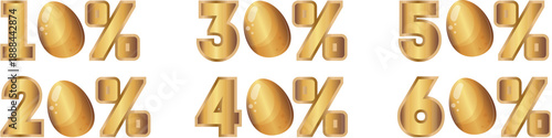 Set of percent templates with a chicken egg for Easter with a gold gradient, for banners, posters or social media