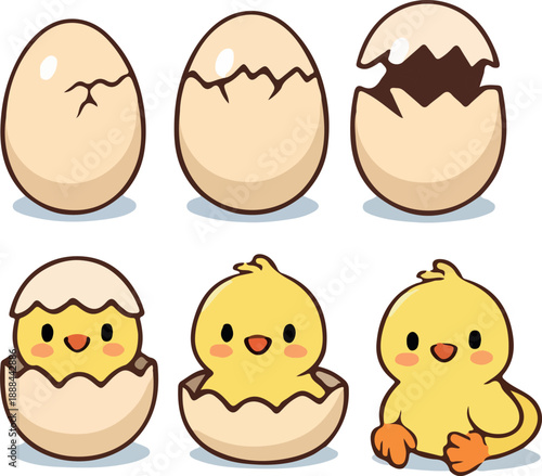 set of stages of hatching a yellow chick starting from a whole egg ending with an already hatched yellow chick, for social media, printing or other designs