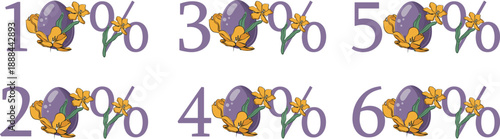 Easter discount design with percentages, namely a set of percentage templates in purple colors and with yelllow tulips next to it, for sale banners, posters or social media