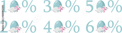 set of percentage templates in blue colors and with a white Easter bunny and colored egg, design for Easter holiday, for banners, posters or social networks