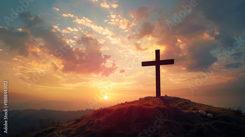 serene sunset over hill with wooden cross silhouette, symbolizing hope and faith