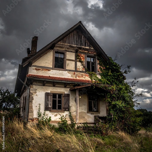 A dilapidated two-story house with overgrown vegetation under a stormy sky