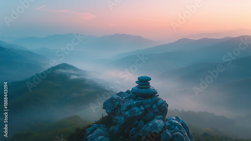 Serene mountain landscape with stacked stones on rocky foreground, soft mist enveloping hills at dawn