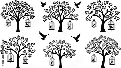 Black Silhouette Collection of Trees with Birds and Cages, Decorative Nature Elements with Flying Songbirds and Birdcages for Garden and Wedding Graphic Design