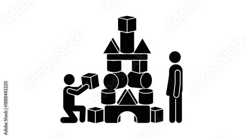 Two stick figures building a tall tower with blocks.