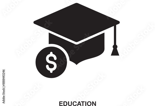 Mortarboard graduation cap icon with dollar sign coin symbolizing education costs, student loans, and tuition expenses in flat design.