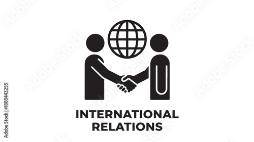 Two black silhouette figures shaking hands in front of a globe icon symbolizing international relations, business, and diplomacy