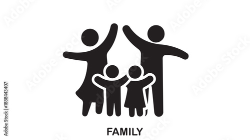 Black silhouette of a happy family of four, parents raising arms and children with open arms, representing togetherness and unity, against a white background