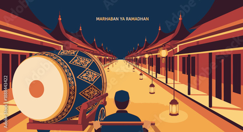 A man pulls a traditional bedug drum through a beautifully lit street lined with classic Southeast Asian architecture, celebrating the arrival of Ramadan.