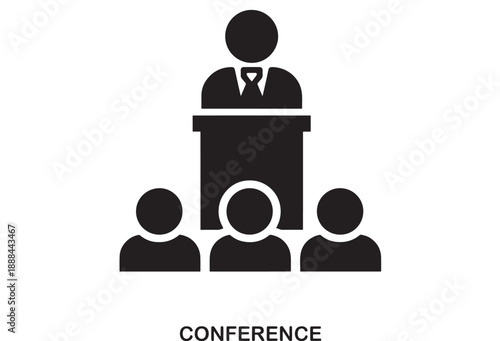 Stylized black icon of a speaker at a podium addressing a small audience, representing a conference or presentation in a minimalist flat design.
