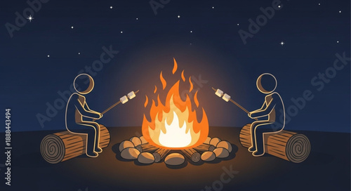 Two people roasting marshmallows over a campfire at night.