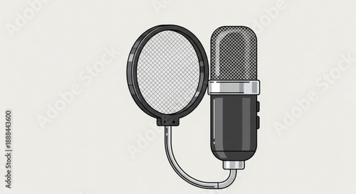 Professional studio microphone with pop filter on stand recording equipment for podcasting and voiceovers in music production