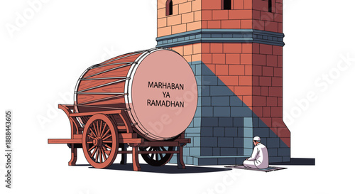 Illustration depicts a drum on a cart with 'Marhaban Ya Ramadhan,' a praying man, tower, symbolizing Islamic faith and festive greetings.