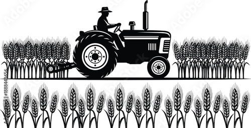 Black Silhouette of a Farmer Driving a Tractor in a Wheat Field, Agricultural Harvest Scene, Rural Farm Landscape Vector Illustration for Graphic Design