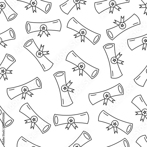 Diploma rolled pattern background. Seamless pattern diploma rolled doodle. Diploma paper roll pattern design. Graduation concept vector design. 
