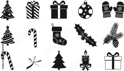 Collection of Christmas Holiday Icons Featuring Vector Silhouettes of Pine Trees, Gift Boxes, Candy Canes, Winter Mittens, Stockings, and Festive Ornaments for Seasonal Design