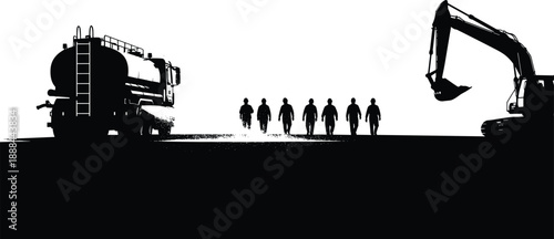 Silhouette illustration of a construction crew walking on site with heavy machinery including a tanker truck and excavator for industrial infrastructure and road development