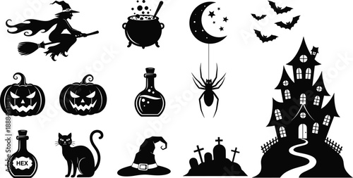 Collection of Spooky Halloween Silhouettes Featuring a Flying Witch, Haunted House, Jack O Lantern Pumpkins, Black Cat, Bat Icons, and Creepy Graveyard Design Elements