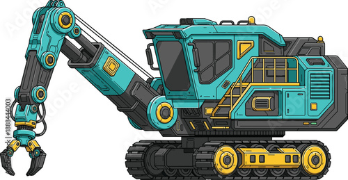 Specialized teal heavy machinery illustration featuring a tracked industrial vehicle with a robotic gripper arm for demolition and automation tasks isolated on white background