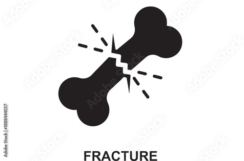 Black silhouette icon of a broken bone with jagged fracture lines and radiating dashes on a clean white background, medical symbol