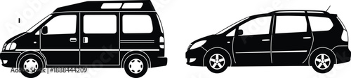 Vector black silhouettes of a camper van with high roof and a modern family minivan isolated on white background for automotive transport and travel illustration
