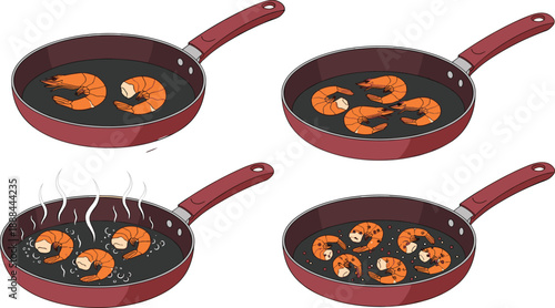 Vector illustration set showing stages of frying fresh shrimp in a red pan including seasoned prawns with steam and bubbles for cooking recipes