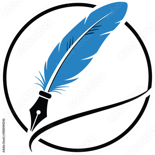 Feather pen logo with ink nib and circular frame for writing publishing education creative branding vector illustration