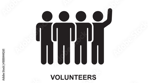 Four stylized black figures, one raising a hand, representing teamwork and volunteering, with the word VOLUNTEERS below.