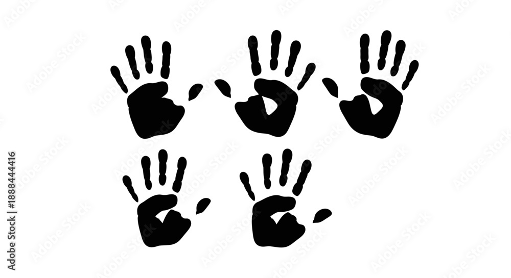 Fototapeta premium Five Black Handprints in a Row on a White Background, Symbolizing Unity and Teamwork