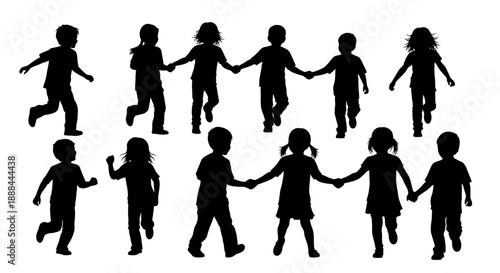 Diverse Group of Children Holding Hands in Silhouette, Enjoying Outdoor Play Together