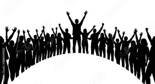 Diverse Crowd Celebrating Success with Arms Raised in Silhouette Against White Background