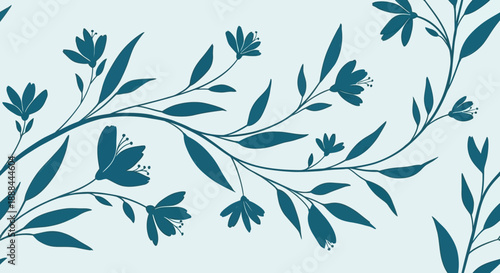 Teal Silhouette Floral Branch Pattern on Light Blue Background