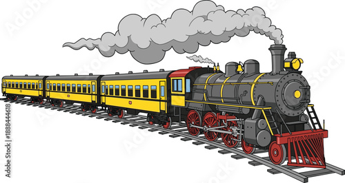 Vintage steam locomotive pulling yellow passenger cars on a railway track vector illustration for travel nostalgia transportation and historic railway heritage theme design elements