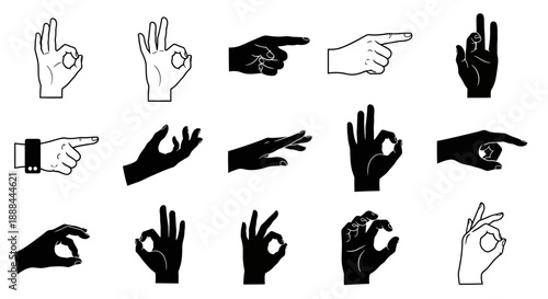 Collection of Diverse Hand Gestures and Symbols, Vector Illustrations
