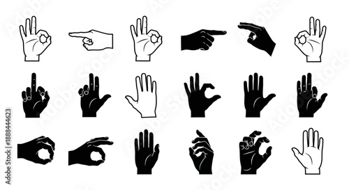 Collection of Diverse Hand Gestures and Symbols in Outline and Silhouette Style
