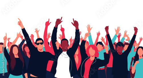 Diverse Group of People Cheering and Celebrating with Hands Raised in Excitement