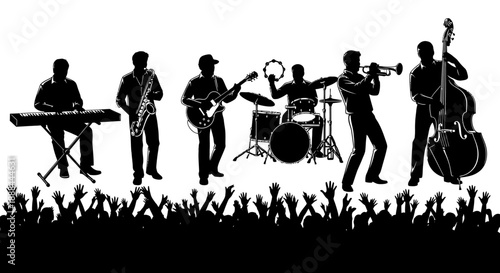 Silhouette of a Jazz Band Performing Music with Enthusiastic Crowd Cheering